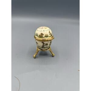 Vintage Easter 1983 Porcelain Bunny Egg Trinket Box w/ Gold Metal Stand